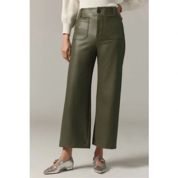 New Anthropologie The Colette Faux Leather Crop Wide-Leg Pants Maeve 28 Green - Picture 1 of 11